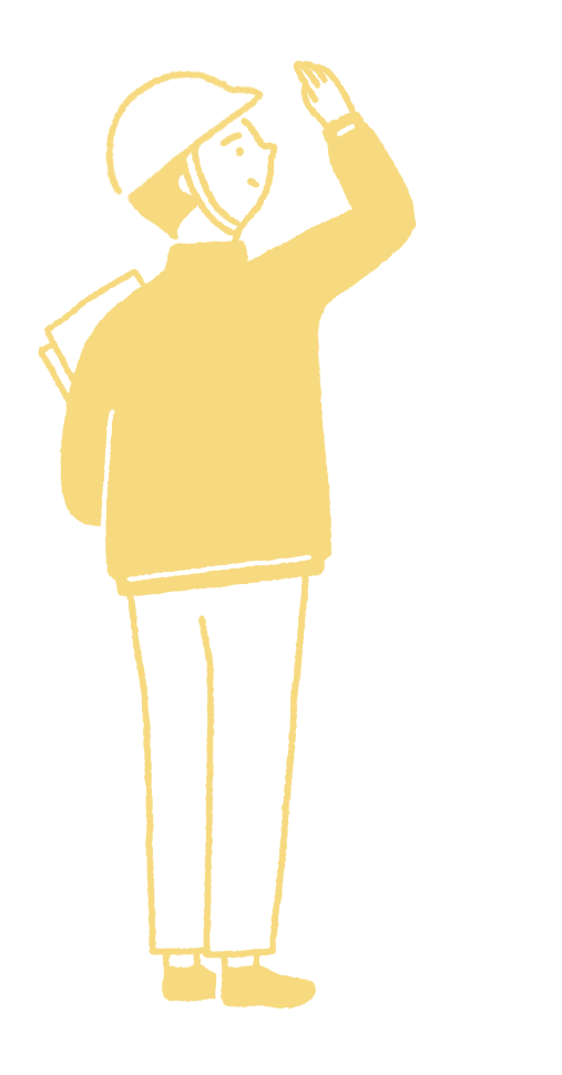現場で天井を見上げるスタッフのイラスト