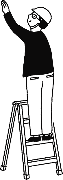 脚立に乗って天井を確認するスタッフのイラスト